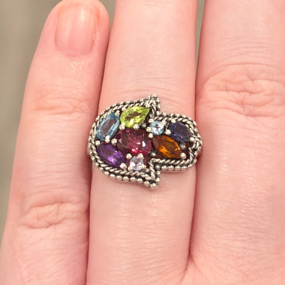 Vintage Silver Hamsa Gemstone Ring, Milgrain Sterling, Rainbow Gem, Size 6.25 - Picture 4 of 17